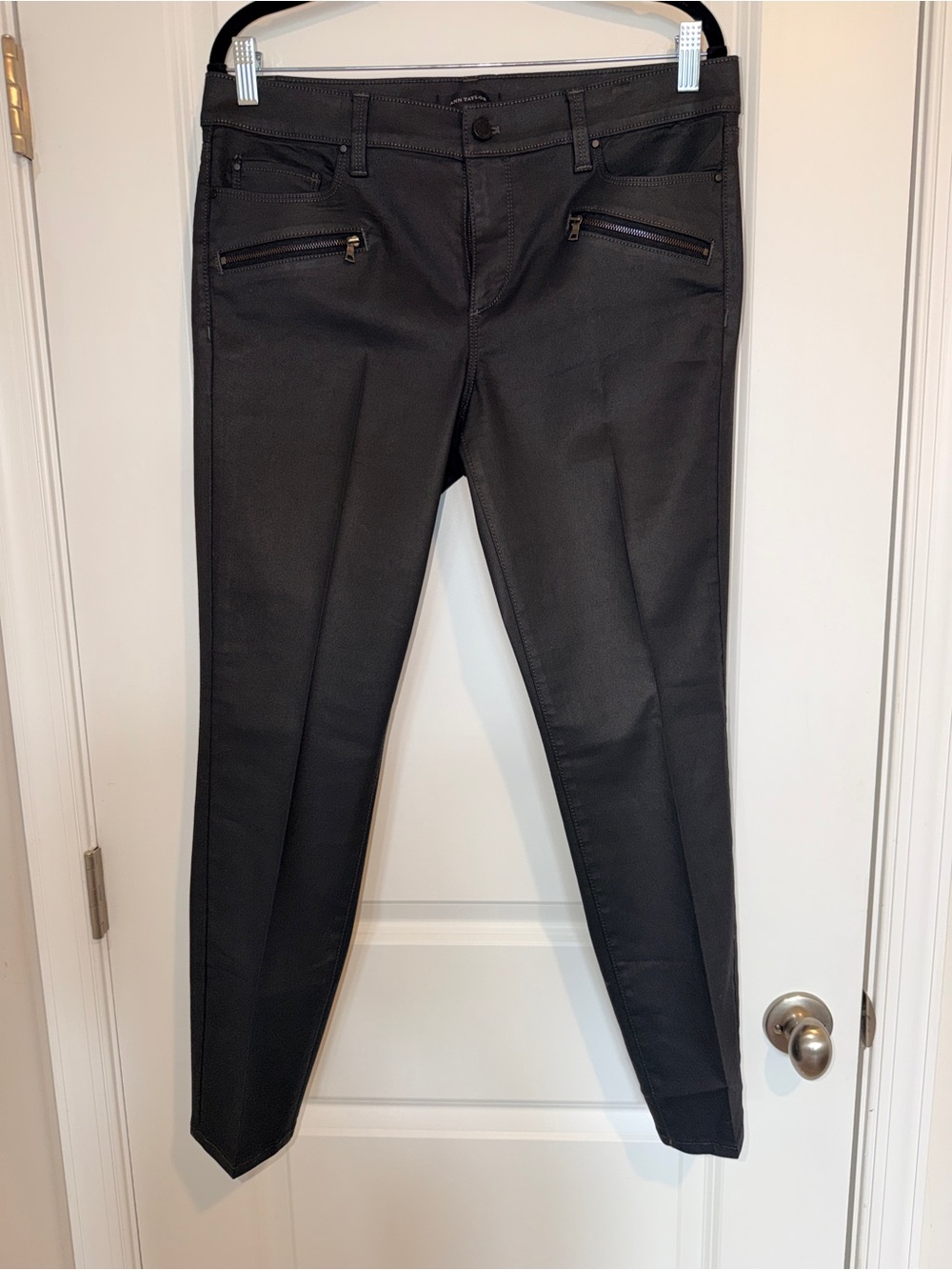 Ann Taylor Super Skinny Modern Fit Women's Dark Gray Coated Zip-Pocket Jeans